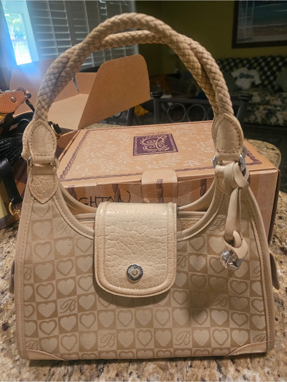 Brighton Cream Heart-Motif Braided-Handle Shoulder Bag